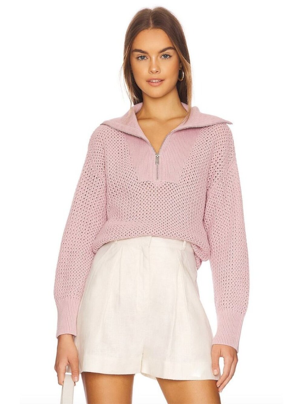 525 America Size XS Mix Stitch Half Zip Sweater Open Knit Foldover Collar Pink